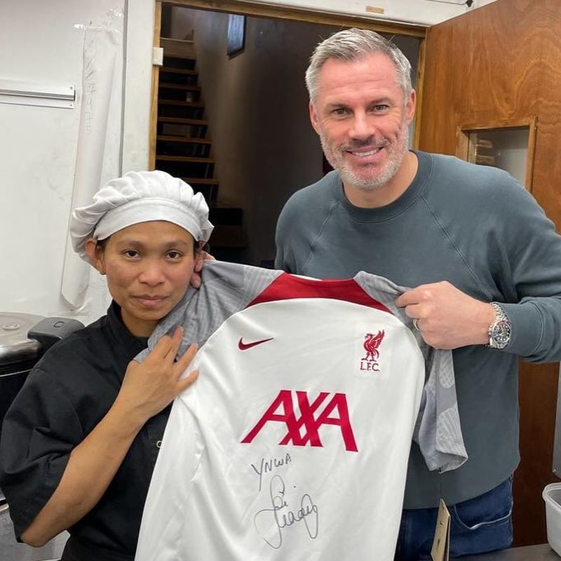 Jamie Carragher with our head chef and a signed Liverpool shirt